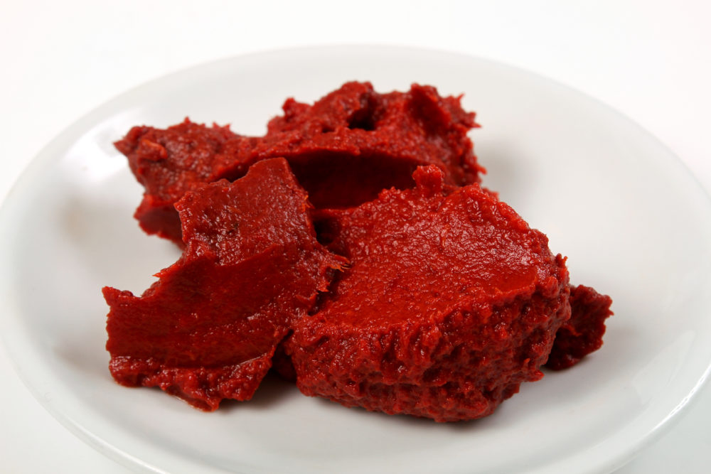 A small amount of harisa, a red chili paste made from the Aleppo Pepper, on a small white plate